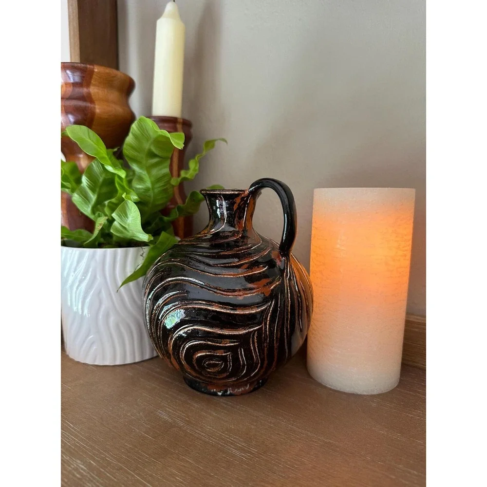 Handcrafted Studio Pottery Jug - Signed AEY Rustic MCM Swirl Glaze Pitcher